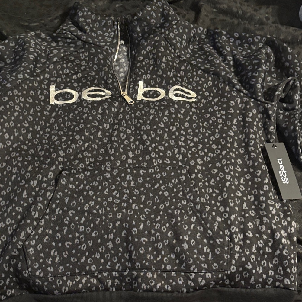 Bebe Charcoal and Light Gray Patterned Half-Zip Top